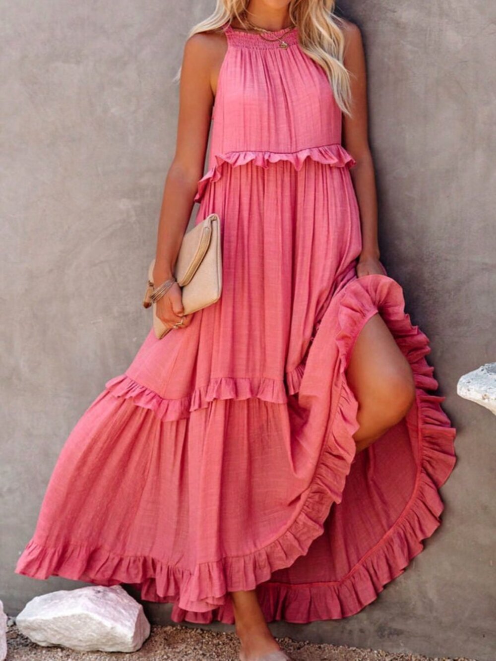 Watermelon Pink Elegant Women's Long Beach Dress